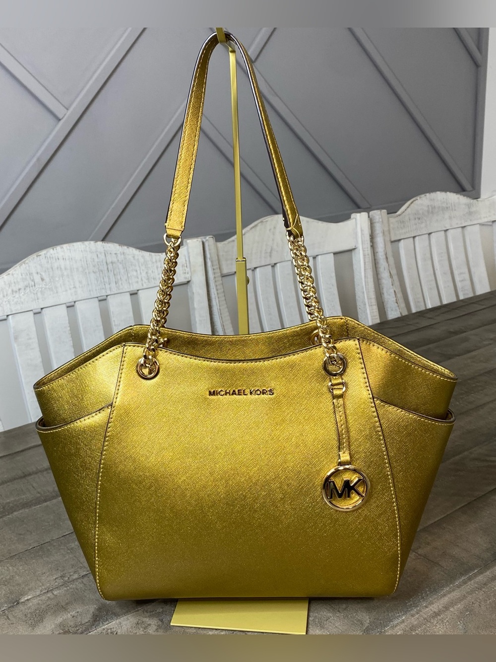 Michael Kors Jet Set Travel Large Chain Shoulder Tote Bag Gold Metallic